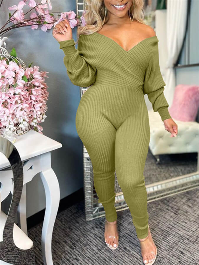 V-Neck Ribbed Jumpsuit Ins Street