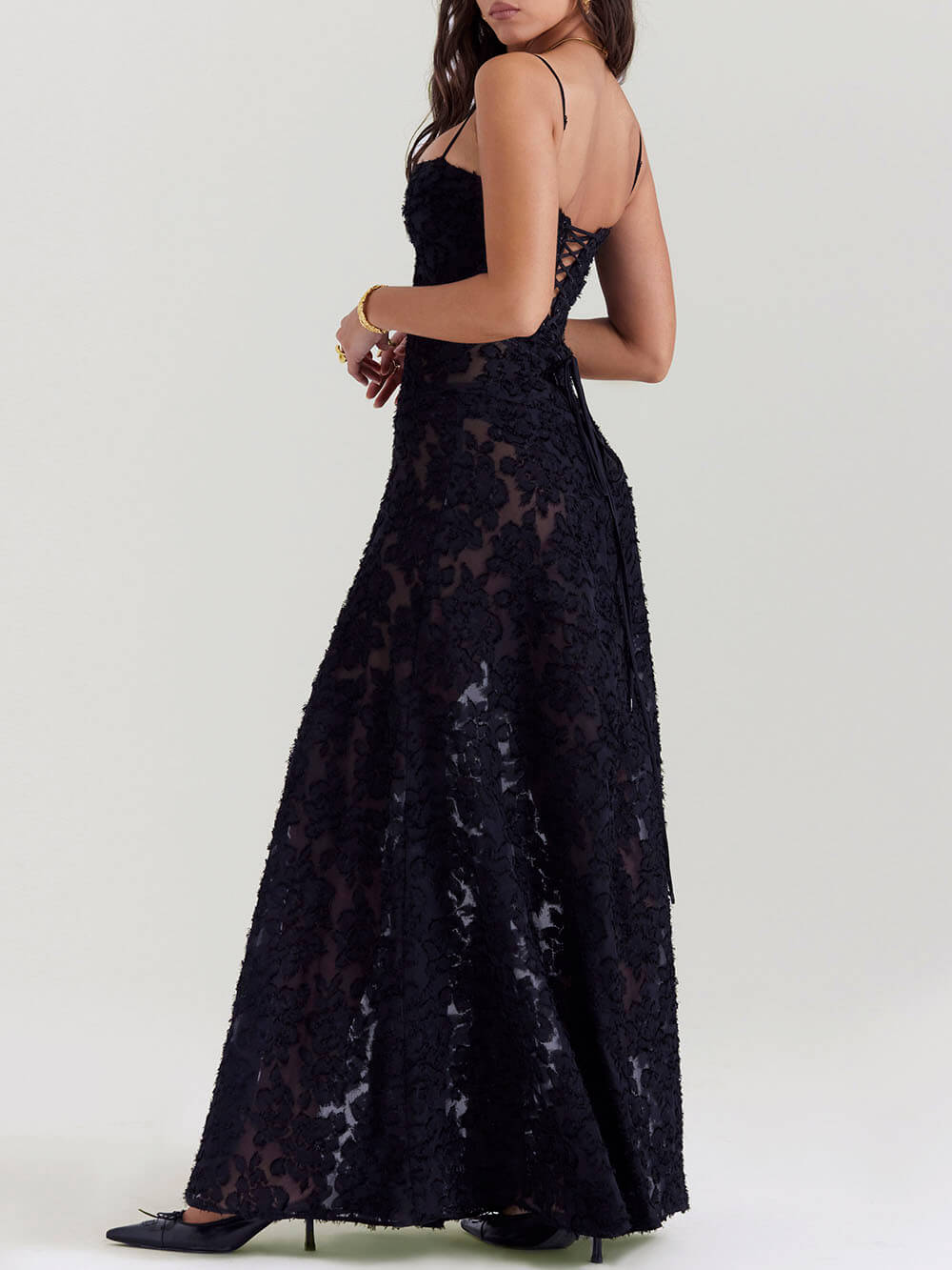 Black Floral Lace Charming Back Maxi Dress InsStreet