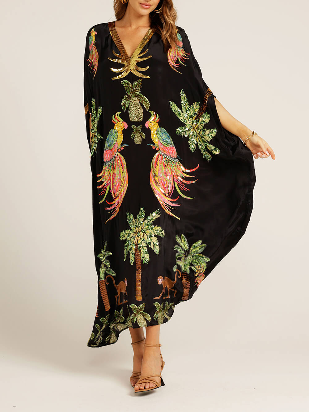 Unique Drop Shoulder Sleeve Graceful Coconut Tree Printed Dress InsStreet