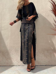 Ethnic Print Patchwork Charming Side Lace-Up Maxi Skirt InsStreet