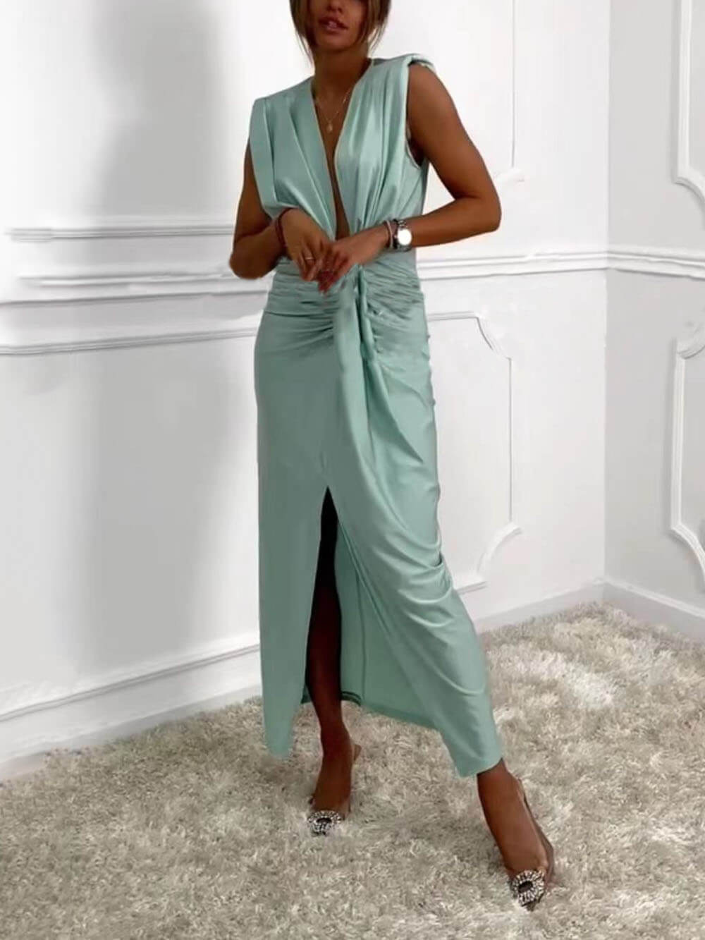 Classic V-Neck Ruched Charming Drape Slit Midi Dress InsStreet