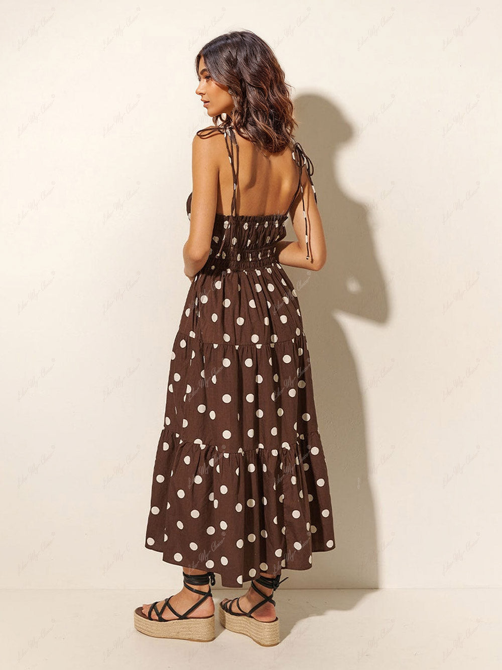 Chocolate And Ivory Polka Dot Trendy Print Pleated Elastic Strap Dress InsStreet