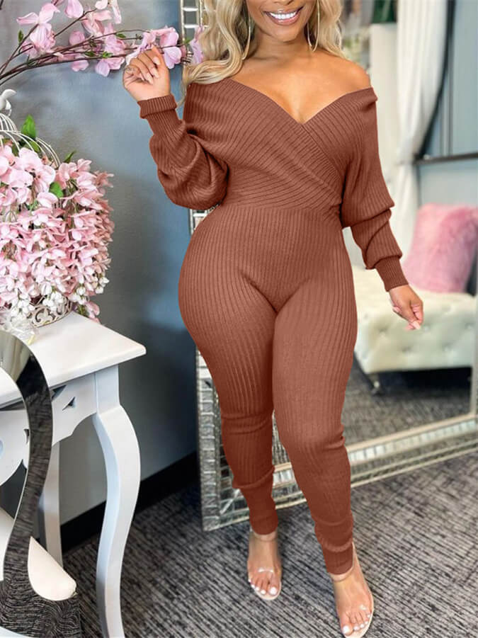 V-Neck Ribbed Jumpsuit Ins Street