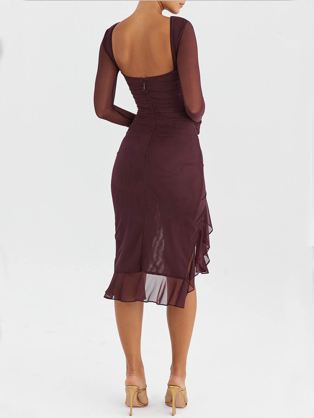 Wine Ruffle Stylish Midi Dress InsStreet