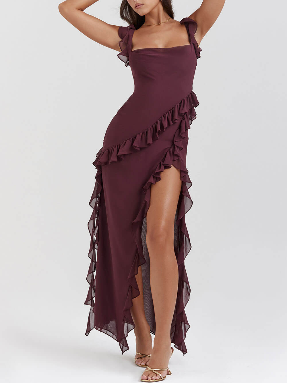 Mulberry Ruffle Stylish Maxi Dress InsStreet