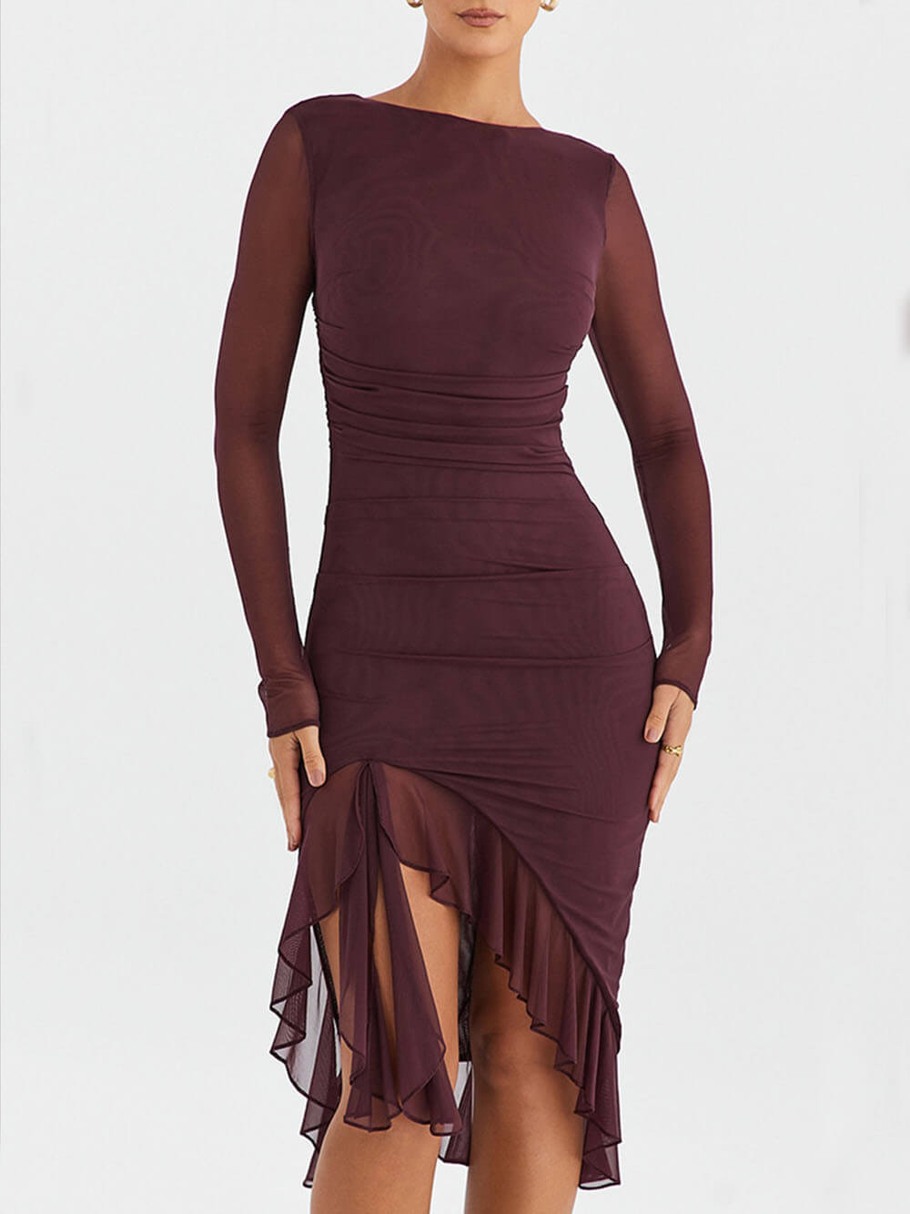 Wine Ruffle Stylish Midi Dress InsStreet