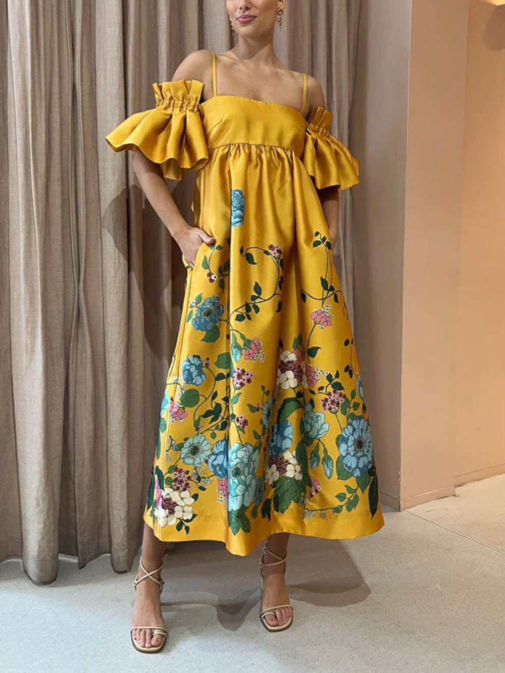 Marigold Printed Gathered Sleeve Graceful Pocketed A-Line Midi Dress InsStreet