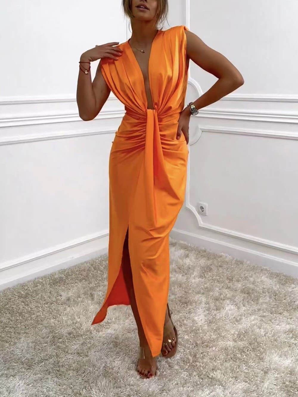 Classic V-Neck Ruched Charming Drape Slit Midi Dress InsStreet