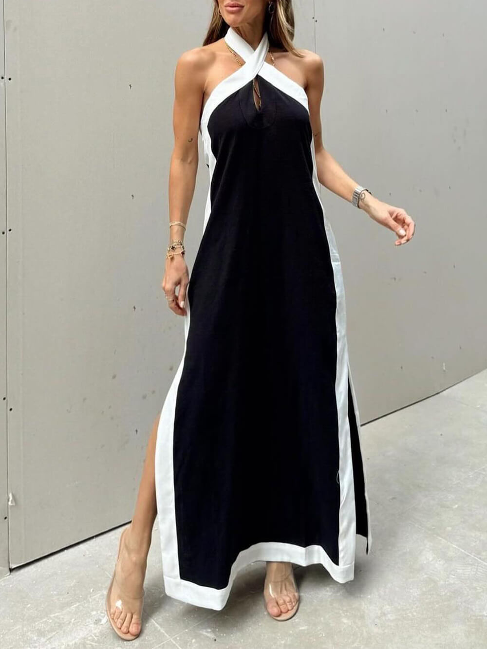 Color Block Halter Charming Neck Slit Maxi Dress InsStreet