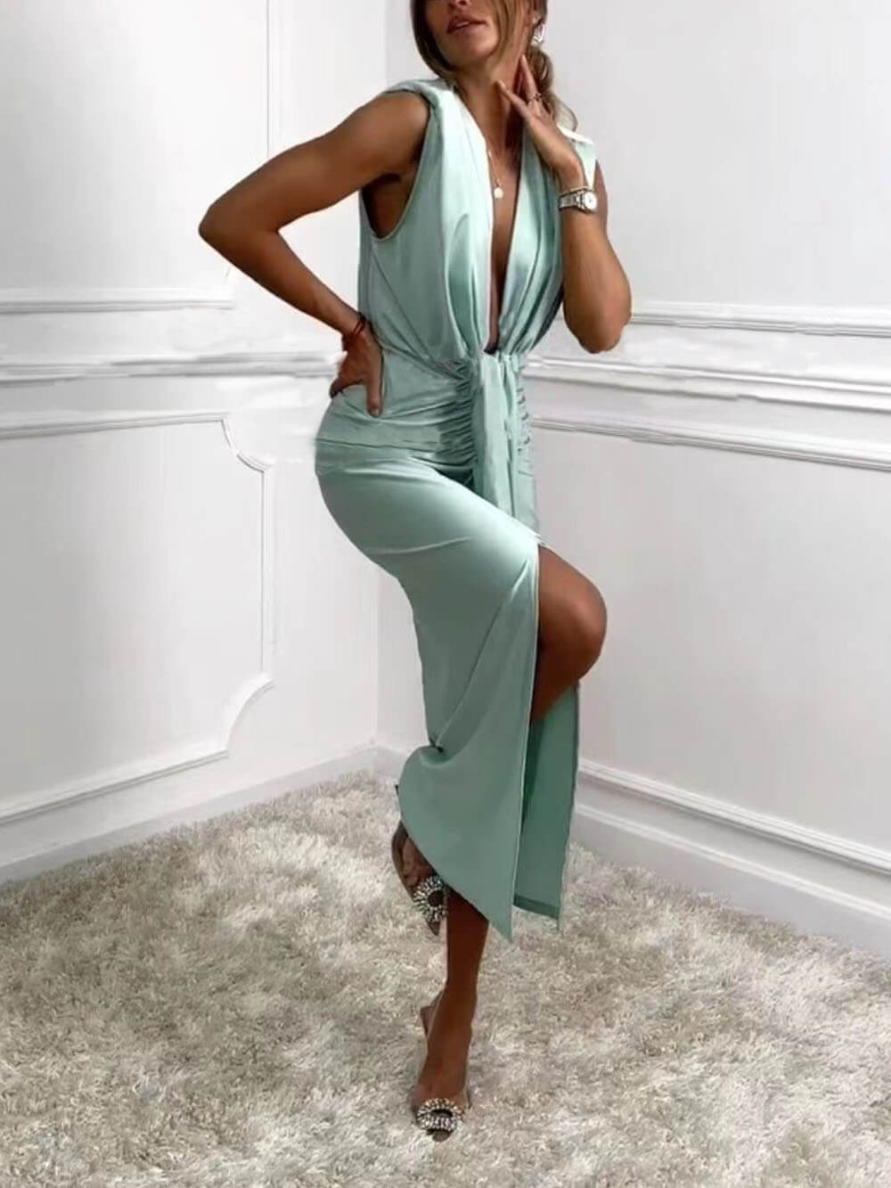 Classic V-Neck Ruched Charming Drape Slit Midi Dress InsStreet