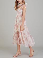 Unique Retro Sunshine Floral Graceful Print Lace-up Midi Dress InsStreet