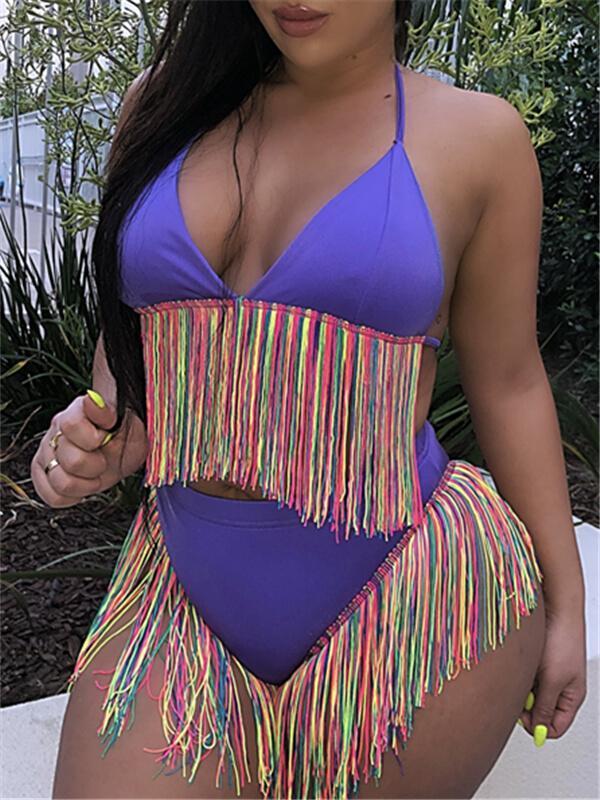 Multicolor Fringe Halter Bikini Ins Street