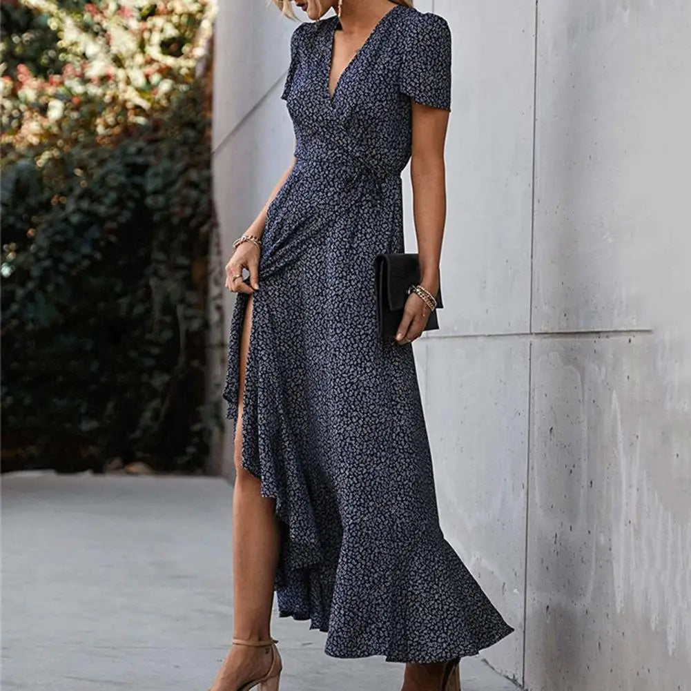 Floral Print Sexy V Neck Ruffle Hem Wrap Vintage Boho Dress InsStreet