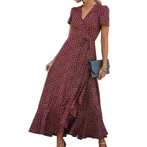 Floral Print Sexy V Neck Ruffle Hem Wrap Vintage Boho Dress InsStreet