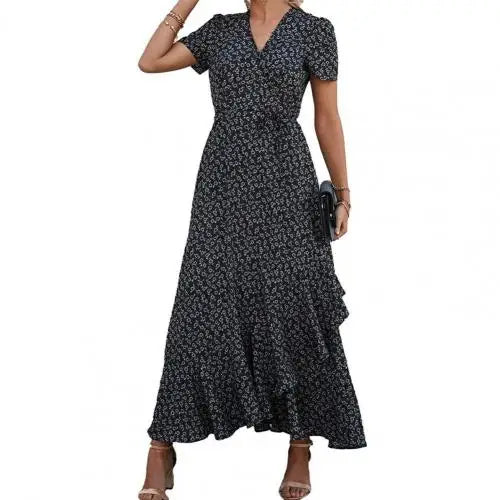 Floral Print Sexy V Neck Ruffle Hem Wrap Vintage Boho Dress InsStreet