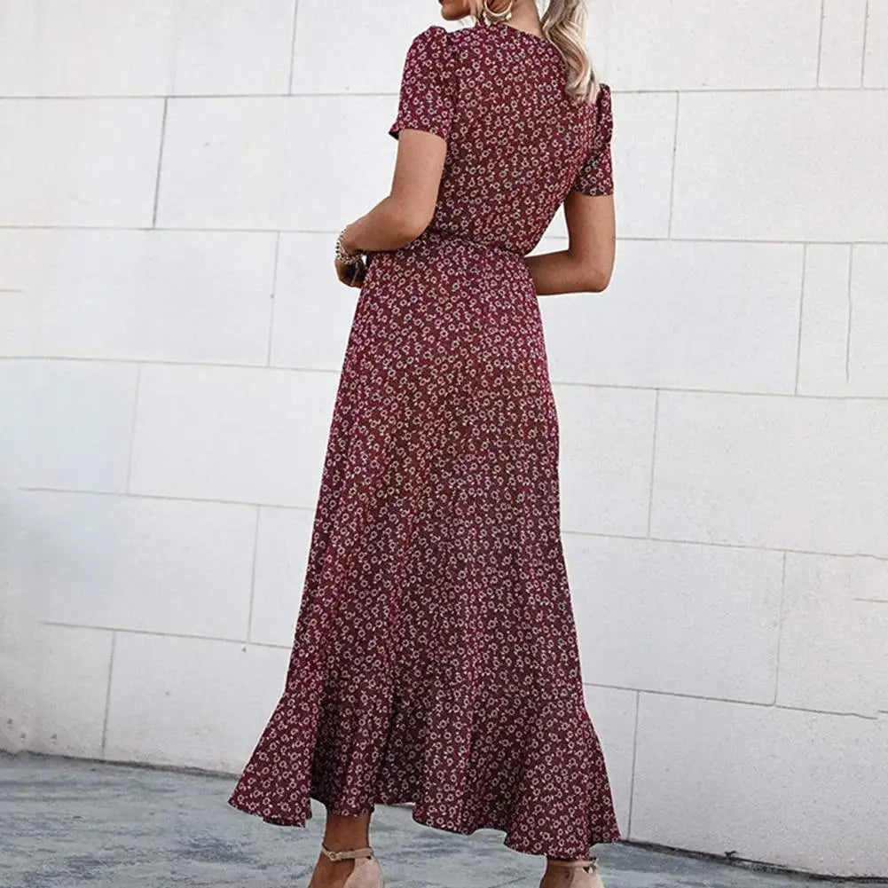 Floral Print Sexy V Neck Ruffle Hem Wrap Vintage Boho Dress InsStreet