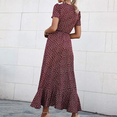 Floral Print Sexy V Neck Ruffle Hem Wrap Vintage Boho Dress InsStreet