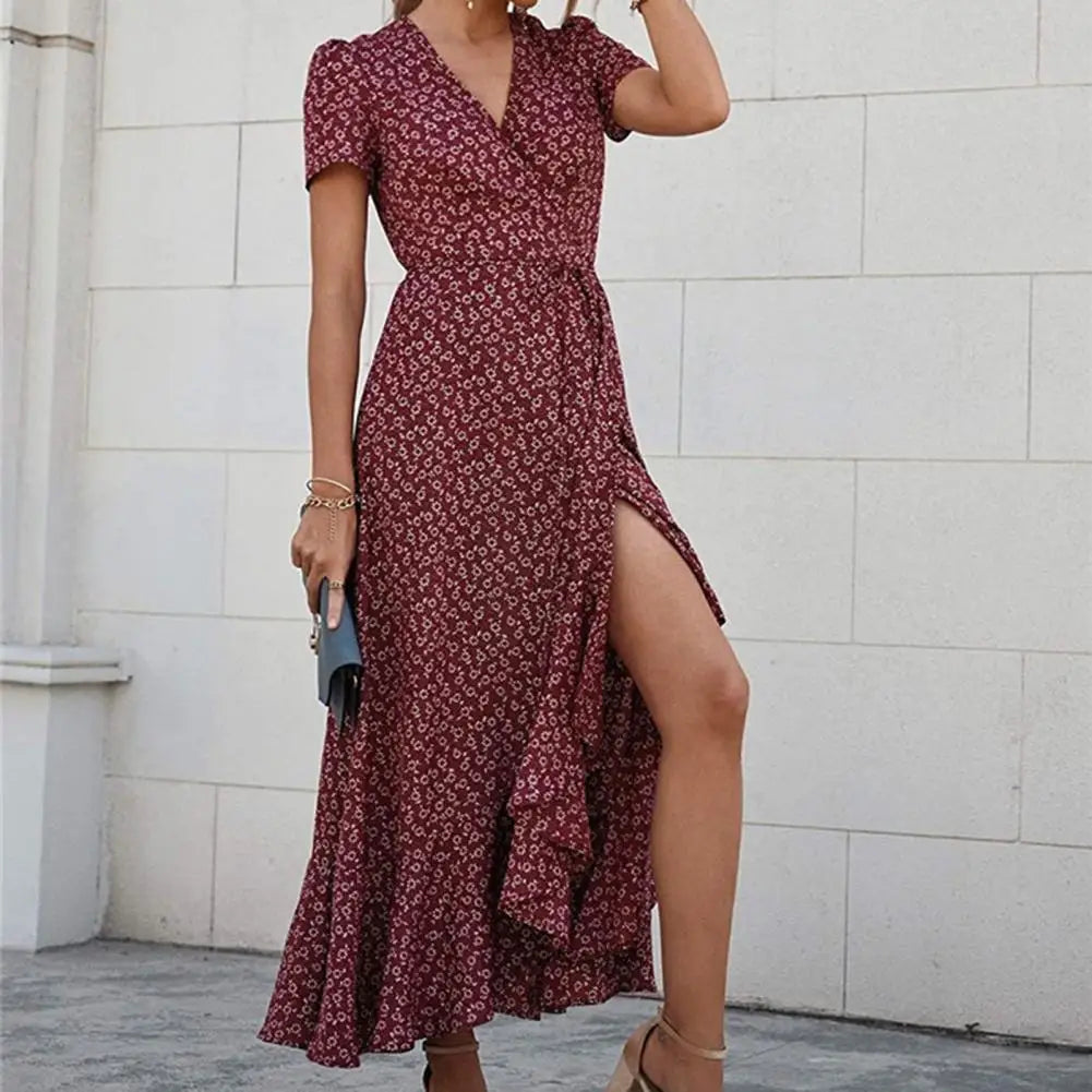 Floral Print Sexy V Neck Ruffle Hem Wrap Vintage Boho Dress InsStreet