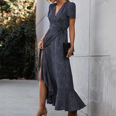 Floral Print Sexy V Neck Ruffle Hem Wrap Vintage Boho Dress InsStreet