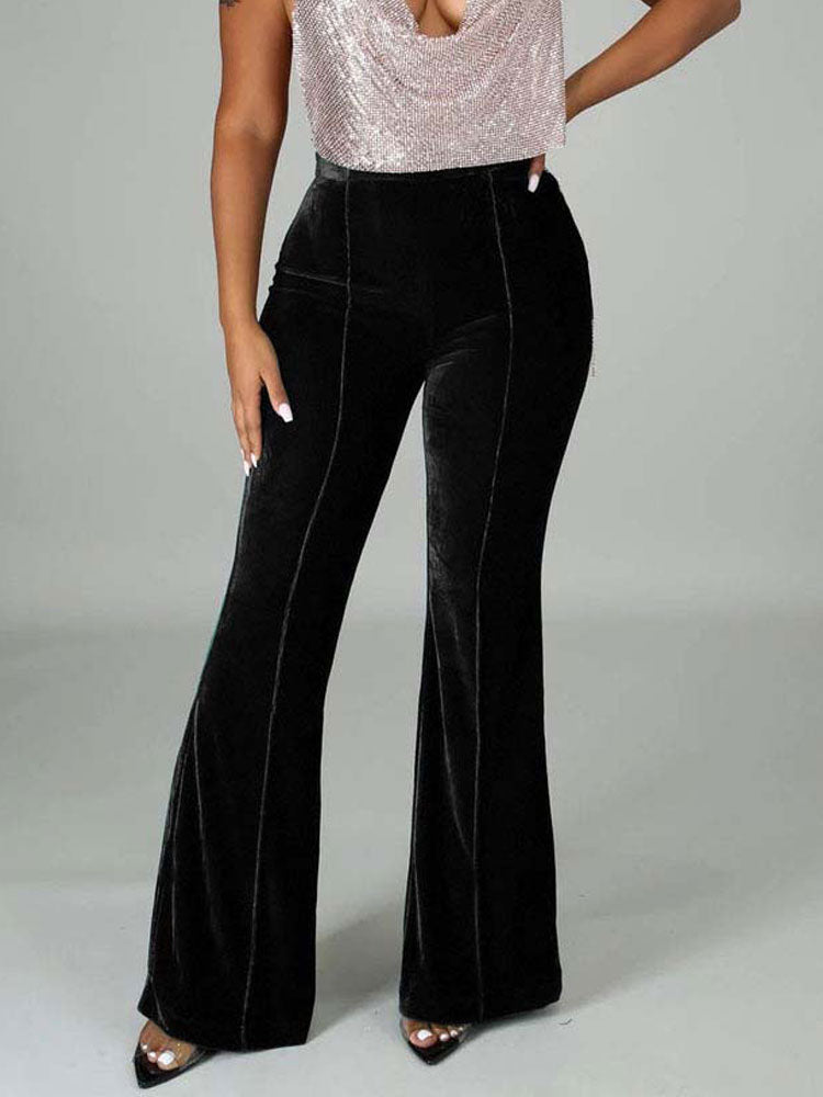 Velvet Velour Flared Bell Bottoms High Waist Pants InsStreet