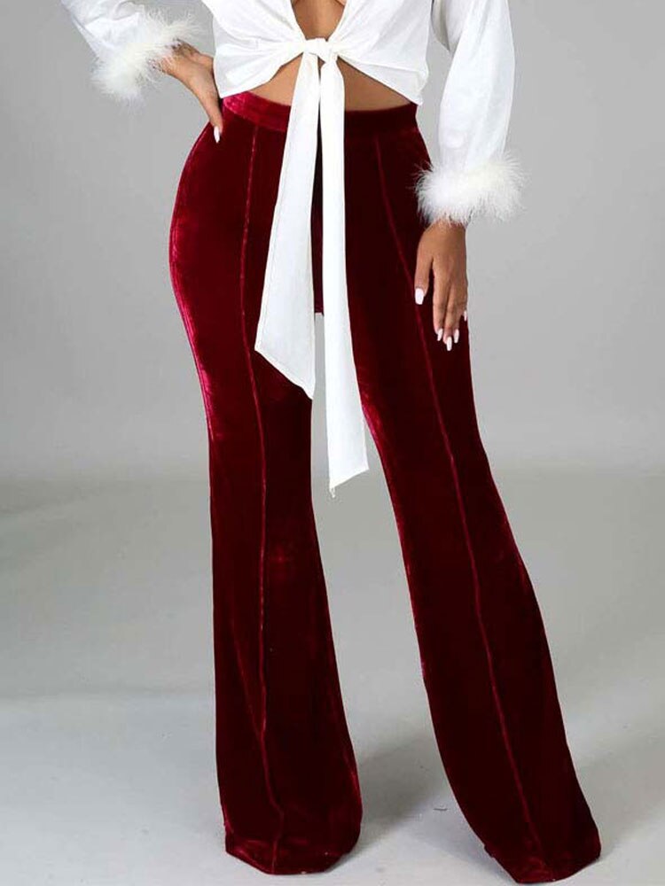 Velvet Velour Flared Bell Bottoms High Waist Pants InsStreet