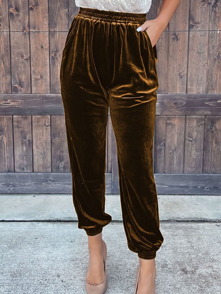 Velvet Velour Casual Green Loose Elastic Pants InsStreet