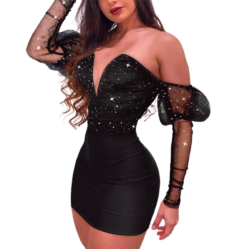 Strapless Glitter V-Cut Contrast Mesh Gigot Sleeve Bodycon Dress InsStreet