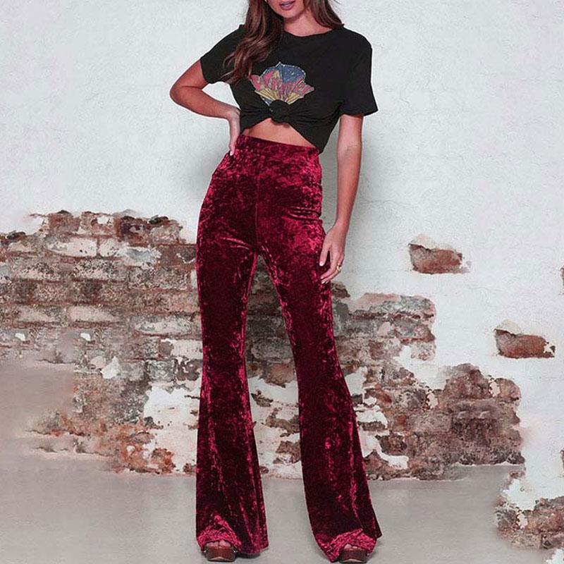 High Waist Velvet Wide Leg Velour Flare Pants InsStreet