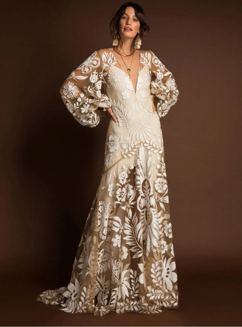 V-Neck Sexy Summer Casual Long Sleeve Boho Dress InsStreet