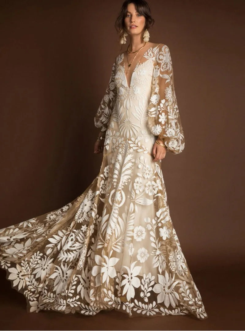 V-Neck Sexy Summer Casual Long Sleeve Boho Dress InsStreet