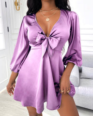 Mini Satin Puff Sleeve Sexy Plunge Tie Front Dress InsStreet