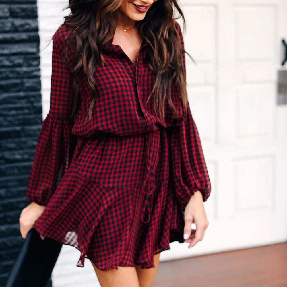 New Cotton Casual Fashion Lantern Sleeve Plaid Check Dress InsStreet