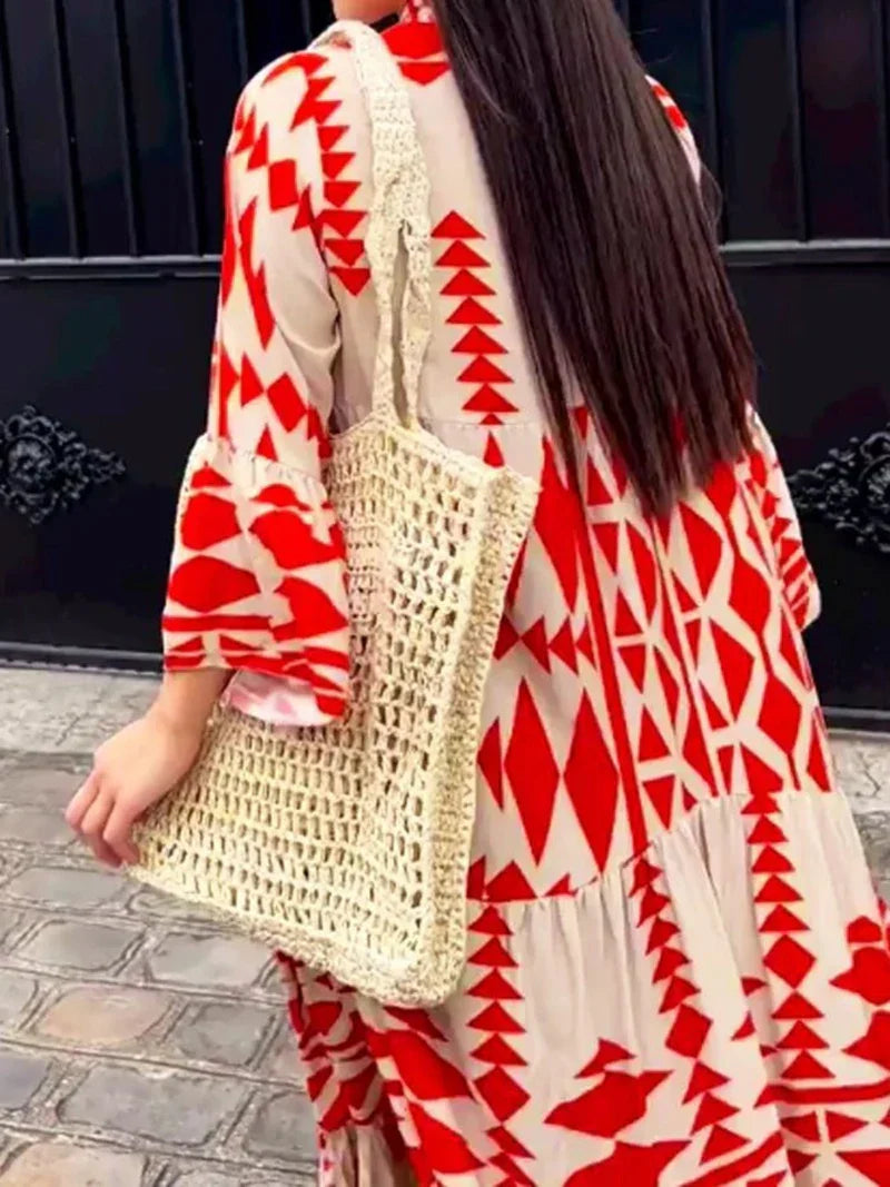 Elegant Geometric V-Neck Autumn Boho Dress InsStreet