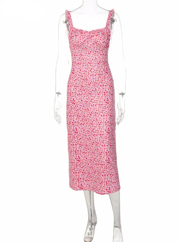 2024 Summer Beach Women's Casual Pink Strap Print Floral Women's Ruched Party Sexy Club Midi Dress InsStreet