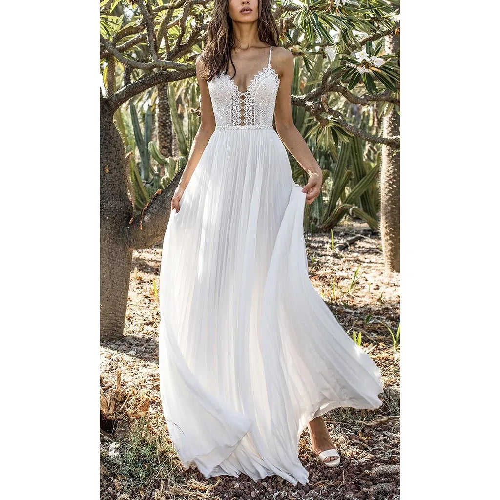White Lace Maxi V-Neck Slim Sleeveless Boho Dress InsStreet
