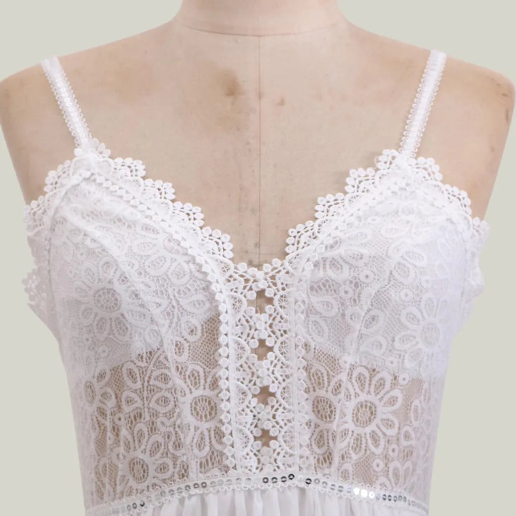 White Lace Maxi V-Neck Slim Sleeveless Boho Dress InsStreet
