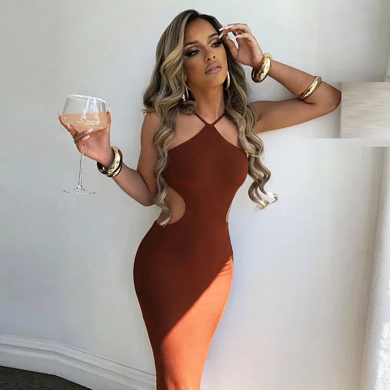 2024 Summer Halter for Women's Sleeveless Backless Club Party Cutout Bandage Midi Dress Clothes Sexy InsStreet