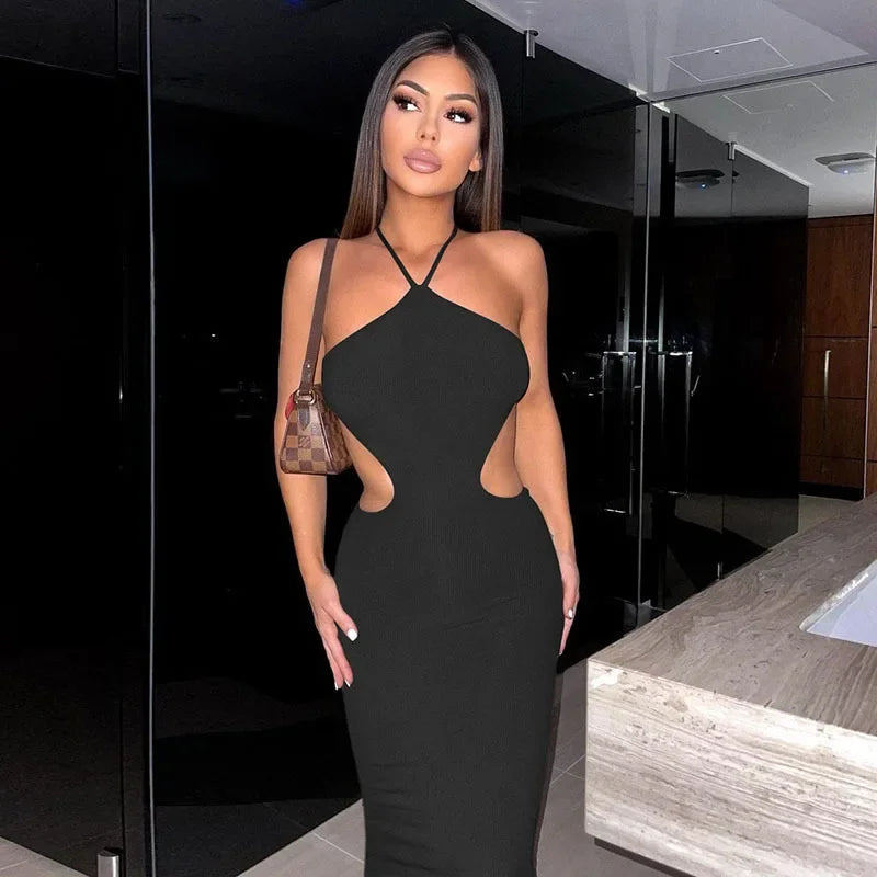 2024 Summer Halter for Women's Sleeveless Backless Club Party Cutout Bandage Midi Dress Clothes Sexy InsStreet