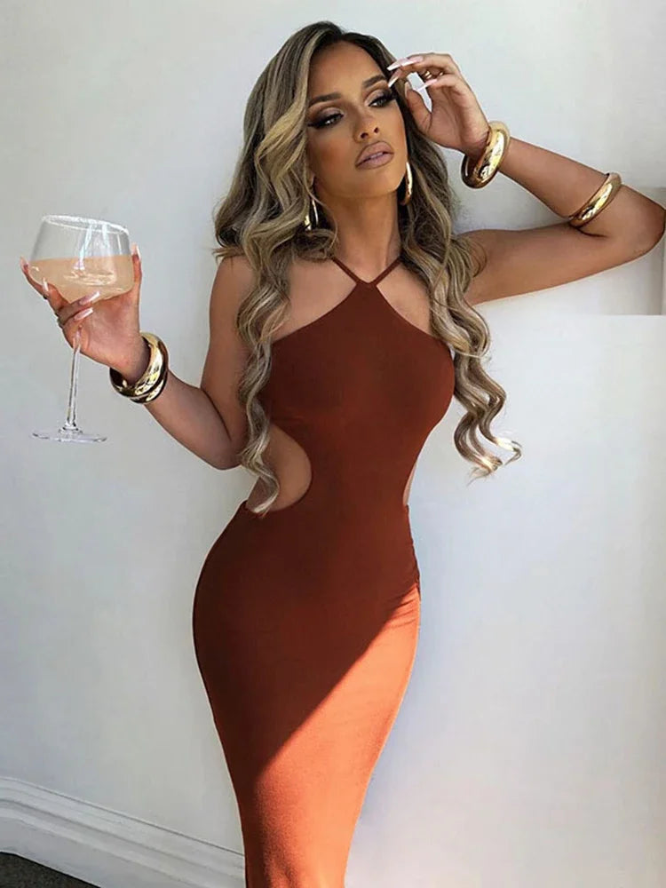 2024 Summer Halter for Women's Sleeveless Backless Club Party Cutout Bandage Midi Dress Clothes Sexy InsStreet