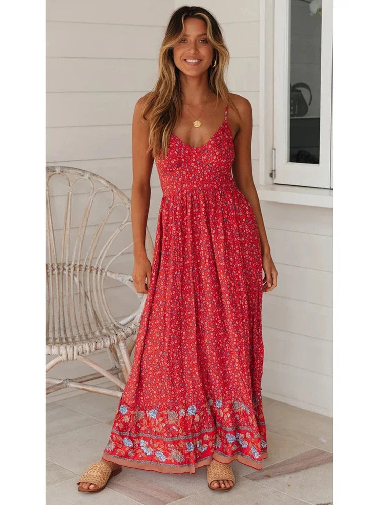 Elegant Floral V-Neck Sleeveless Boho Dress InsStreet