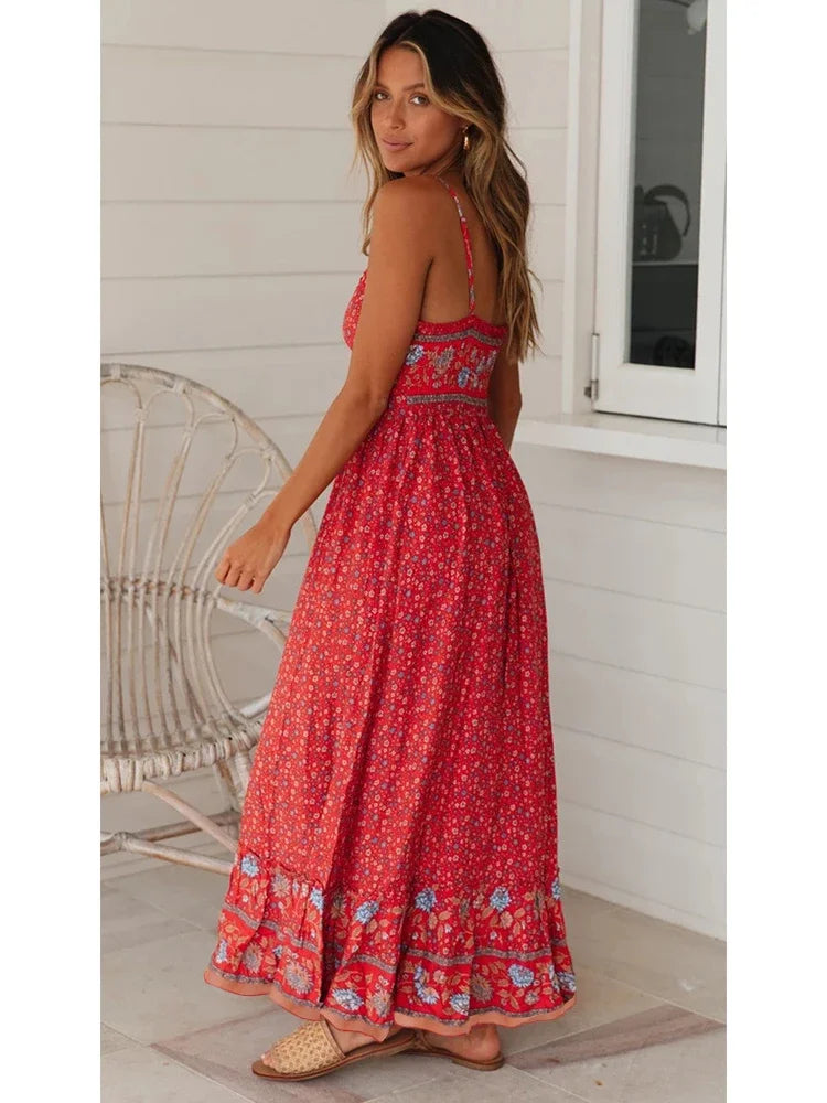 Elegant Floral V-Neck Sleeveless Boho Dress InsStreet