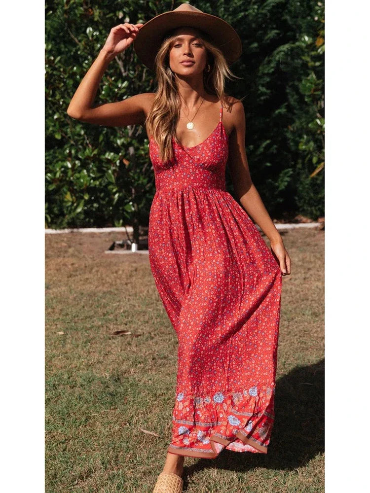 Elegant Floral V-Neck Sleeveless Boho Dress InsStreet