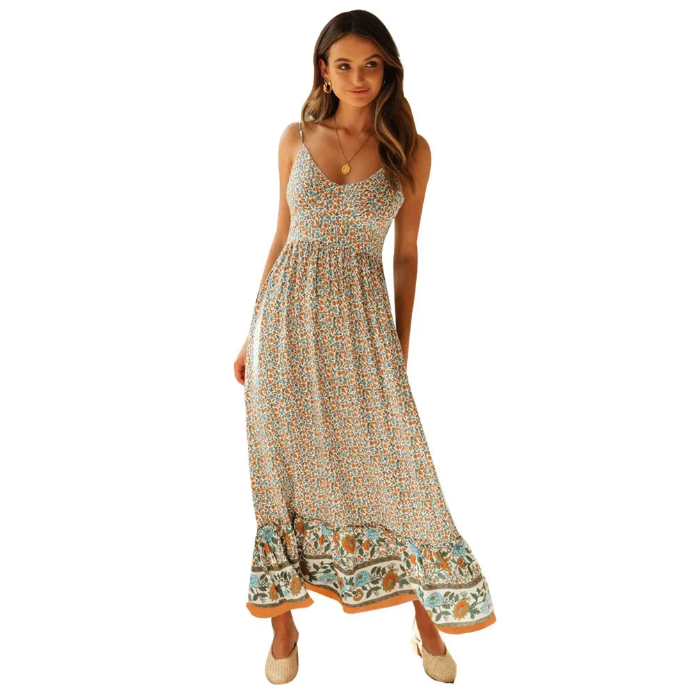 Elegant Floral V-Neck Sleeveless Boho Dress InsStreet