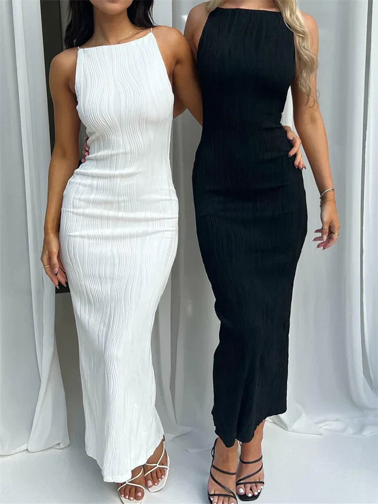 2024 Women Long Ruched Sleeveless Slim Solid Summer Party Back Split Clubwear Female Maxi Dress InsStreet