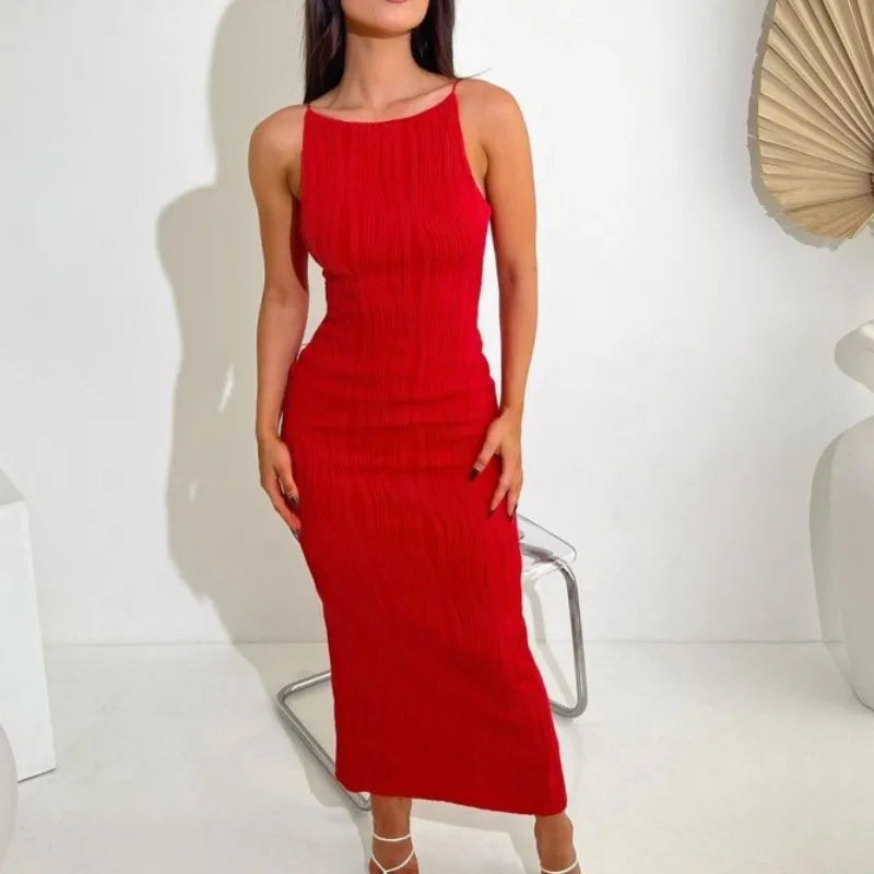 2024 Women Long Ruched Sleeveless Slim Solid Summer Party Back Split Clubwear Female Maxi Dress InsStreet