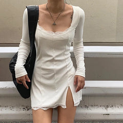 Women's Lace Patchwork Long Sleeve Split Mini Dress InsStreet