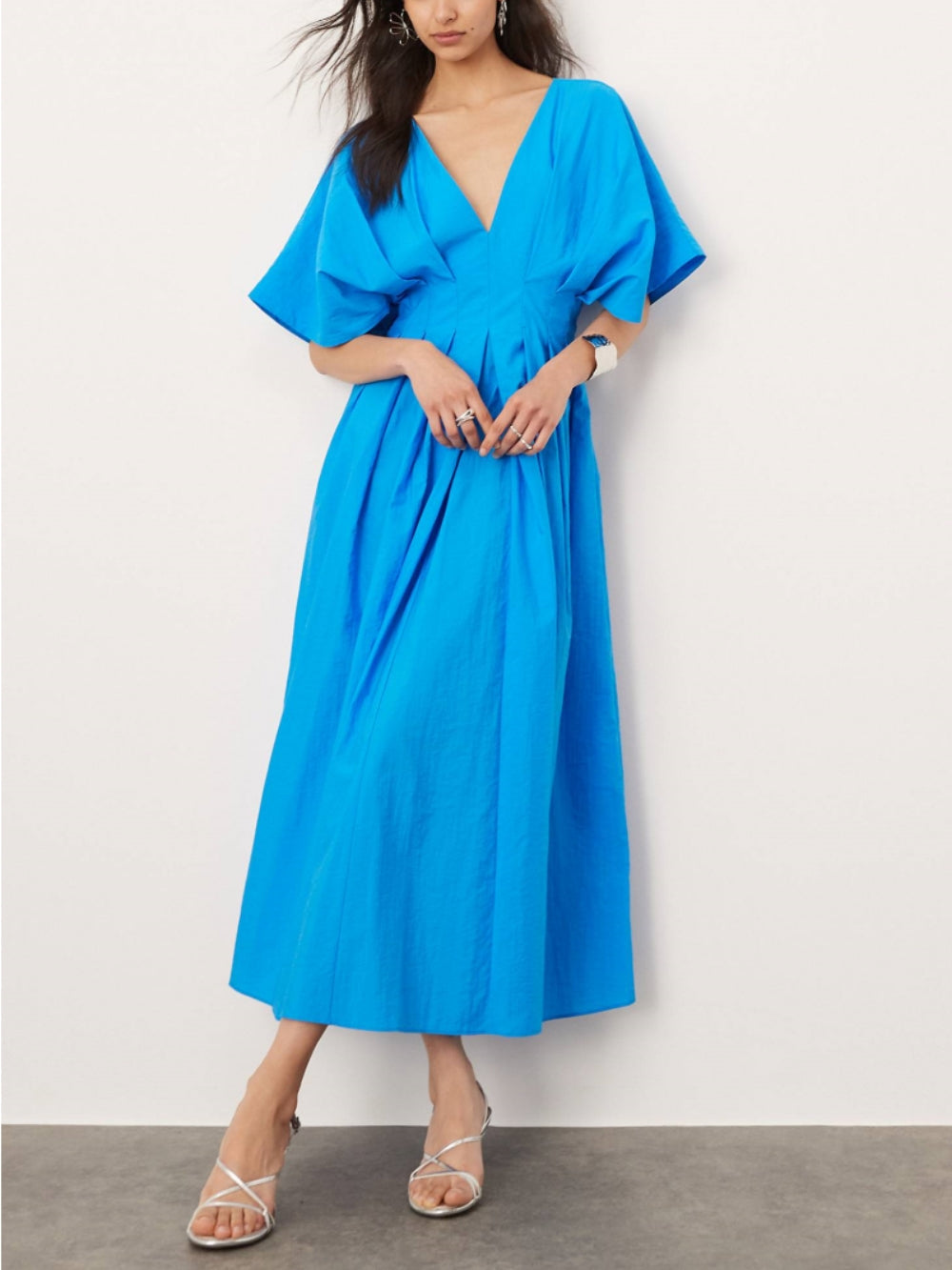 V-Neck Short Sleeve Charming Midi Dress In Blue InsStreet