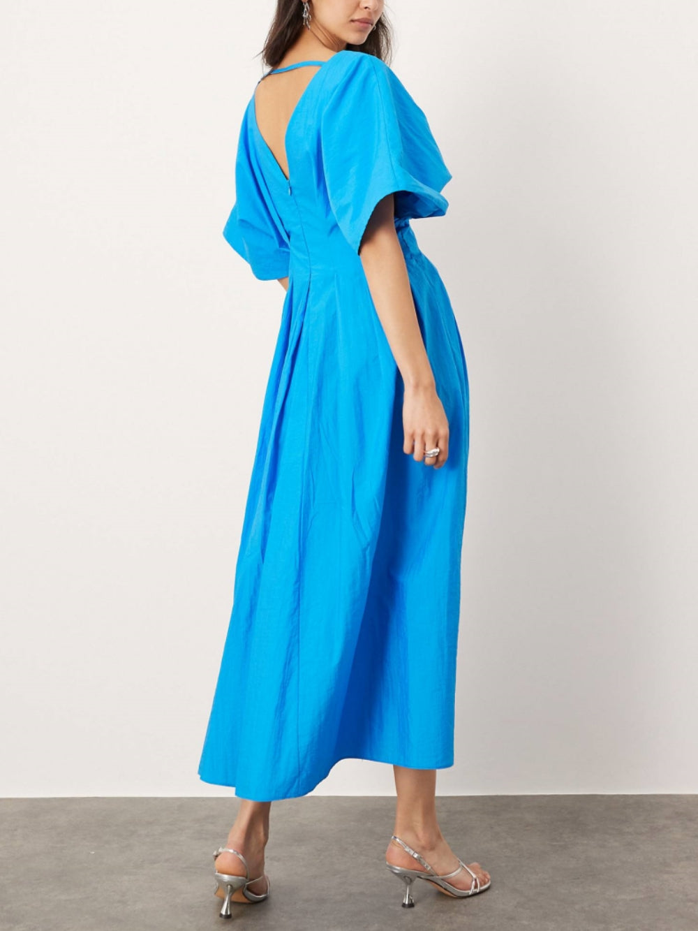 V-Neck Short Sleeve Charming Midi Dress In Blue InsStreet