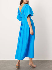 V-Neck Short Sleeve Charming Midi Dress In Blue InsStreet