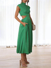 Cutout Waist Pocketed Charming Vacation Midi Dress InsStreet